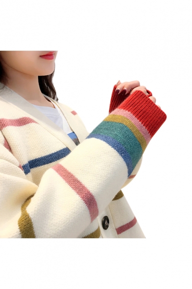 Colorful Striped Printed Collarless Button Closure Long Sleeve Cardigan