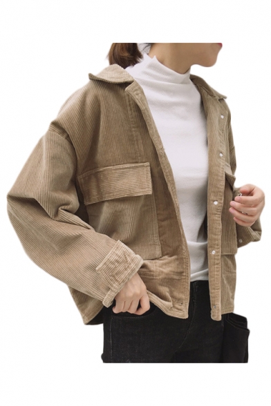 Corduroy Plain Long Sleeve Lapel Collar Button Front Cropped Jacket
