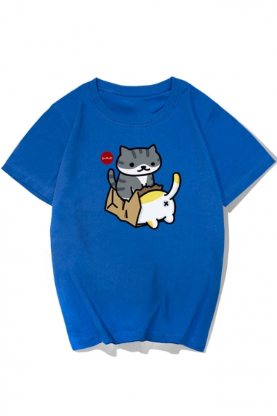 Cute Cartoon Cat Printed Short Sleeve Round Neck T-Shirt for Couple