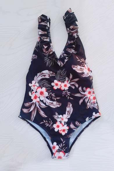 Hollow Out Back Floral Printed V Neck Sleeveless Slim One Piece Swimwear