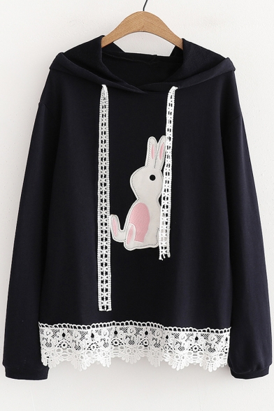 Lace Insert Rabbit Embroidered Long Sleeve Loose Hoodie