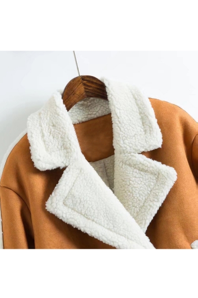 Notched Lapel Collar Long Sleeve Plain Warm Lamb Wool Jacket