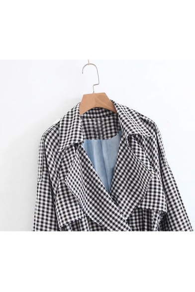 Plaid Printed Notched Lapel Collar Long Sleeve Double Breasted Tunic Coat