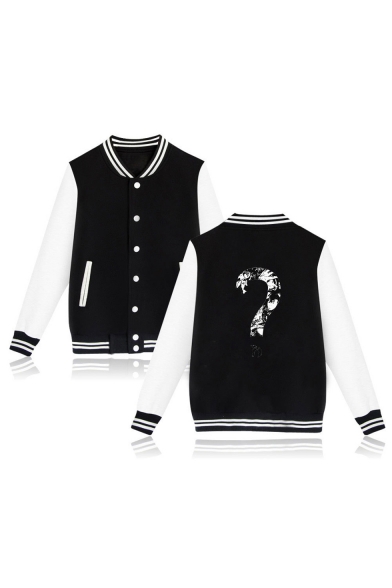 Question Mark Printed Color Block Long Sleeve Contrast Striped Trim Stand Up Collar Button Down Baseball Jacket