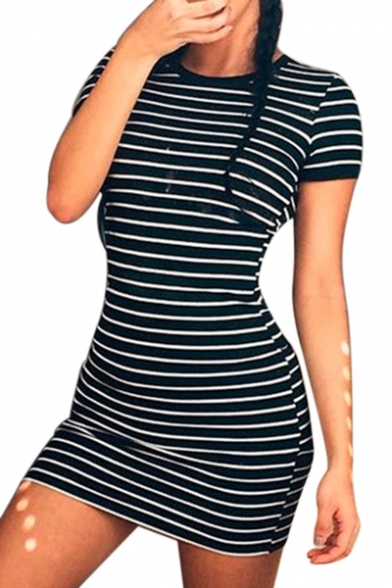 Slim Round Neck Short Sleeve Striped Printed Mini Bodycon Dress