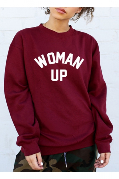 WOMAN UP Letter Printed Round Neck Long Sleeve Sweatshirt