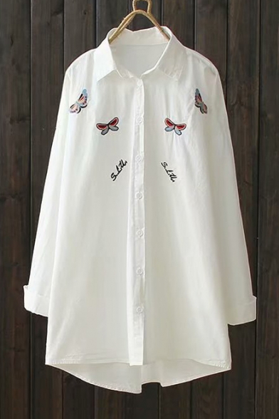 Butterfly Letter Embroidered Lapel Collar Long Sleeve Button Front Tunic Shirt