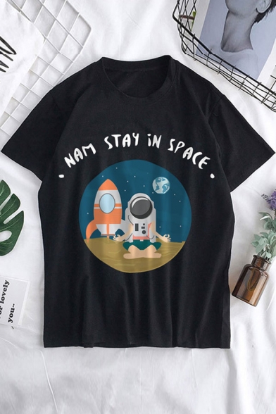 Cartoon Astronaut STAY IN SPACE Letter Printed Round Neck Short Sleeve T-Shirt
