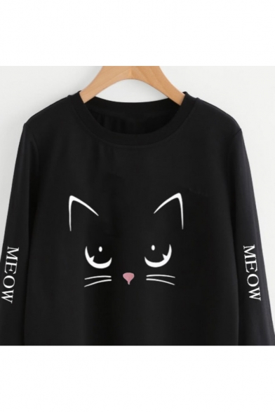 Cat Paw Printed Round Neck Long Sleeve Casual Sweatshirt