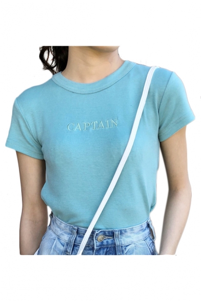 Chic CAPTAIN Letter Embroidered Round Neck Short Sleeve Slim Tee