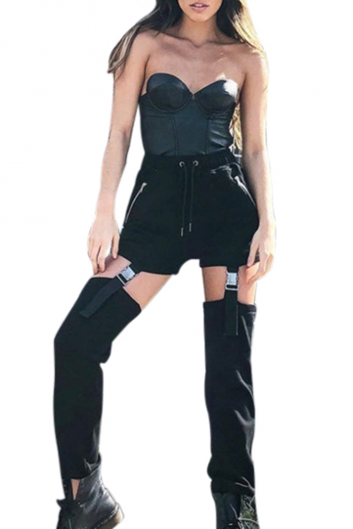 Chic Cut Out Plain Buckle Straps Embellished Bungee-Style Drawstring Hem High Waist Pants