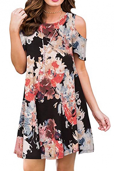 Cold Shoulder Floral Printed Round Neck Mini A-Line Dress
