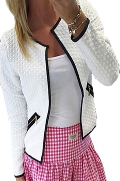 Collarless Open Front Plain Long Sleeve Jacket with Zip Pockets