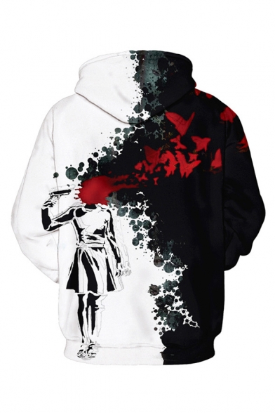 Black and White Color Block Fire Character Printed Long Sleeve Oversized Hoodie