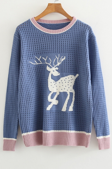 

Color Block Deer Pattern Hollow Out Detail Long Sleeve Sweater, Blue;pink;beige