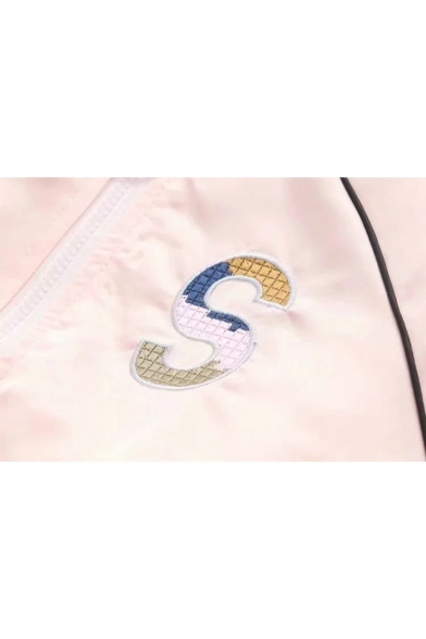Contrast Piping Color Block S Letter Embroidered Stand Up Collar Zip Up Long Sleeve Baseball Jacket
