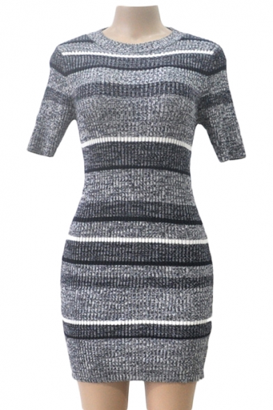 Contrast Striped Pattern Round Neck Short Sleeve Mini Bodycon Knit Dress