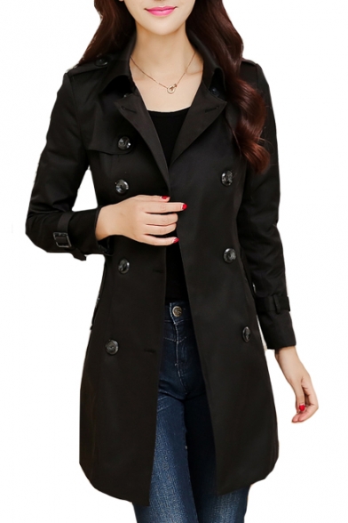 Double Breasted Lapel Collar Long Sleeve Tie Waist Plain Tunic Trench Coat