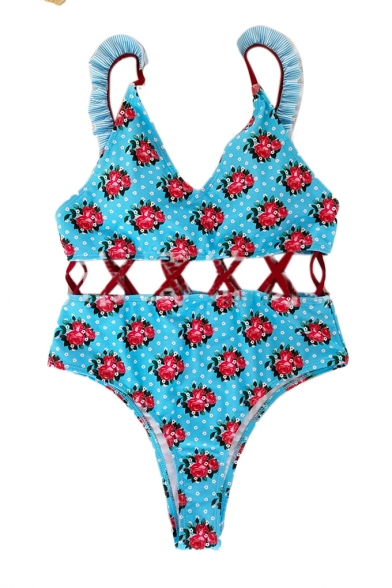 Floral Printed Cross Hollow Out Waist One Piece Swimwear