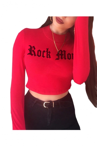High Neck Long Sleeve Letter Printed Crop T-Shirt