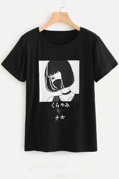 Japanese Cartoon Girl Printed Round Neck Short Sleeve T-Shirt