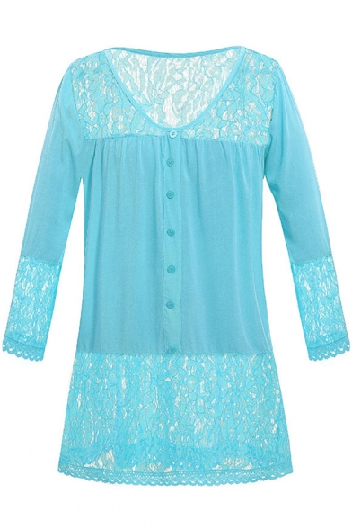 Lace Patchwork 3/4 Length Sleeve V Neck Button Front Blouse