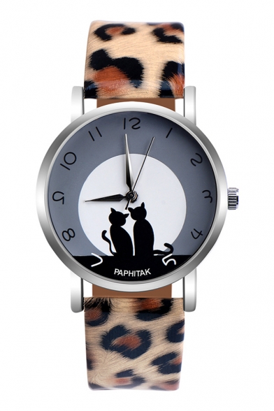 Letter Cat Pattern Leopard Printed Leather Band Quartz Watch