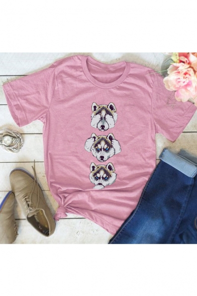 Lovely Dog Printed Round Neck Short Sleeve T-Shirt