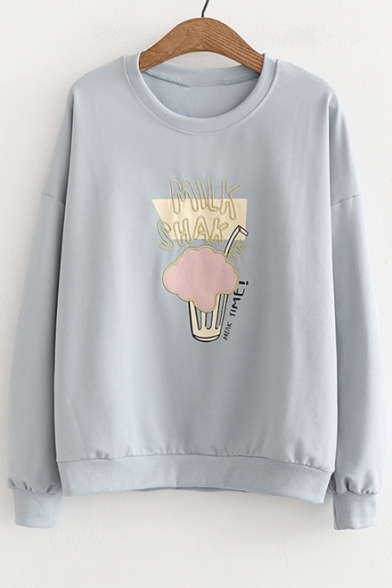 MILK Letter Drink Embroidered Round Neck Long Sleeve Sweatshirt