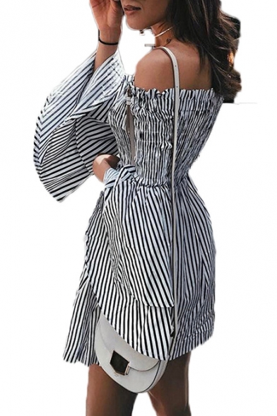 Off The Shoulder Striped Printed Flare Sleeve Mini A-Line Dress