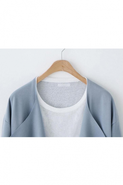 Plain Lapel Collar 3/4 Length Sleeve Tunic Open Front Coat