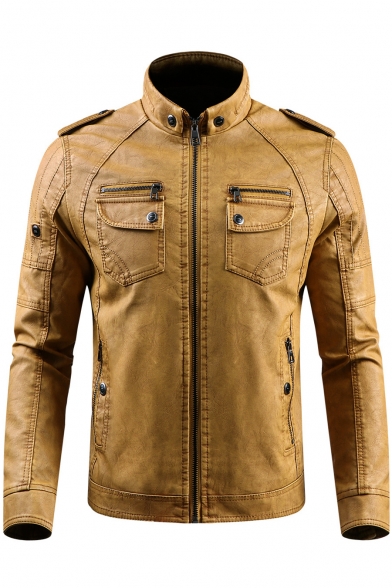 Stand Collar Long Sleeve Zip Up Slim Leather Jacket