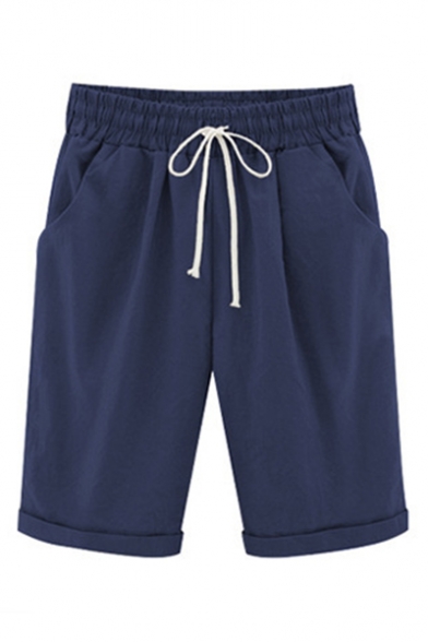 Summer Drawstring Waist Plain Leisure Shorts