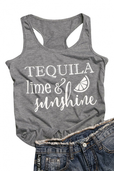 TEQUILA Letter Fruit Printed Round Neck Sleeveless Tank