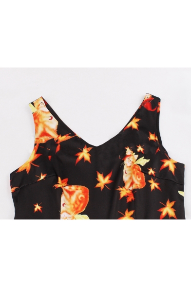 V Neck Leaf Cat Printed Sleeveless Midi Flare Dress