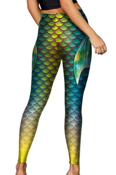 3D Fish Scale Printed Elastic Waist Skinny Leggings