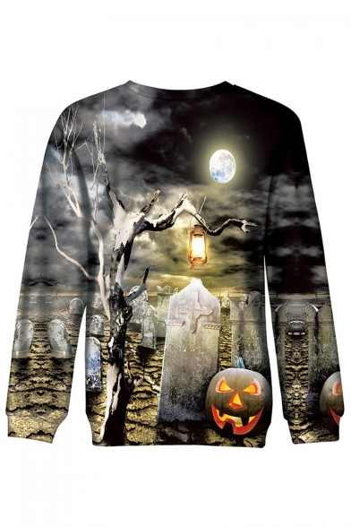 3D Halloween Tomb Printed Long Sleeve Round Neck Sweatshirt
