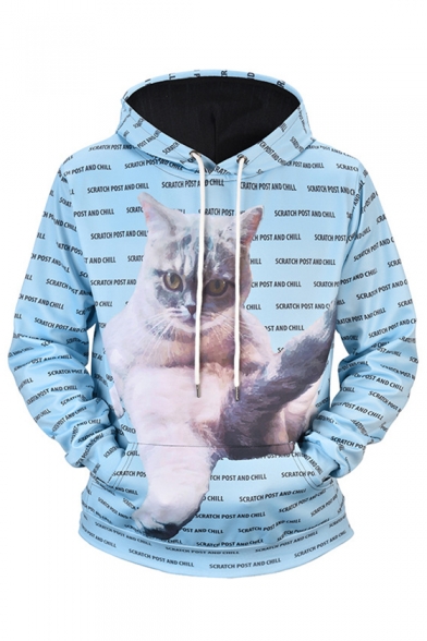All Over Letter Cat Printed Long Sleeve Oversized Hoodie