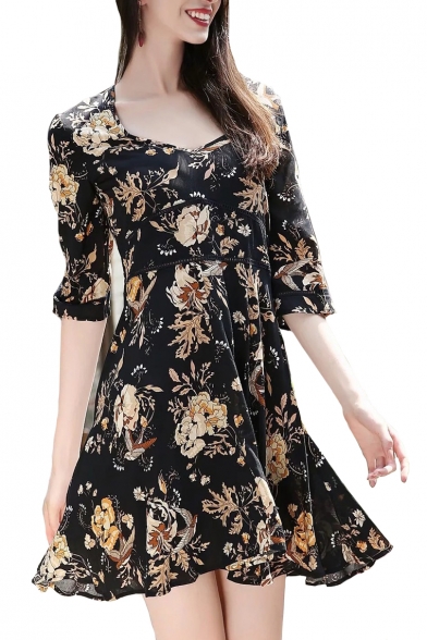 Bohemia Style Floral Printed V Neck Half Length Sleeve Mini A-Line Dress