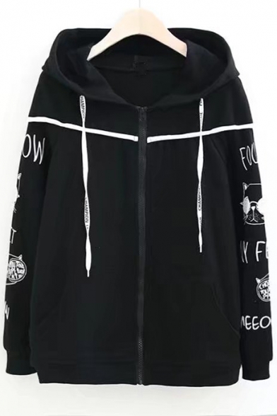Cat Letter Embroidered Long Sleeve Contrast Trim Zip Up Hoodie