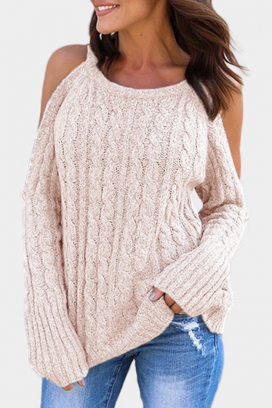 Cold Shoulder Plain Long Sleeve Round Neck Chic Sweater