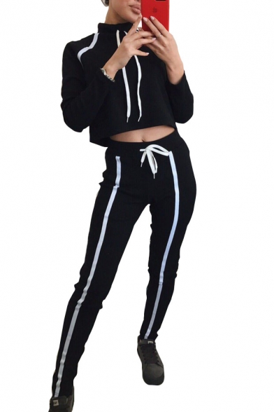 Contrast Striped High Neck Long Sleeve Crop Top with Drawstring Waist Skinny Pants Co-ords