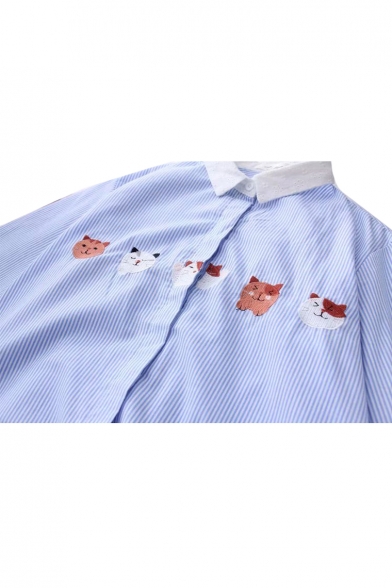 Contrast Trim Cartoon Cat Embroidered Striped Printed Long Sleeve Button Front Shirt