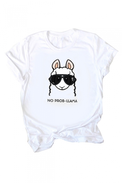 Cute Glasses Sheep Letter Printed Round Neck Short Sleeve Tee