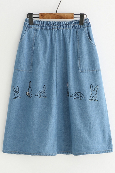 Cute Rabbit Printed Elastic Waist Denim Midi A-Line Skirt