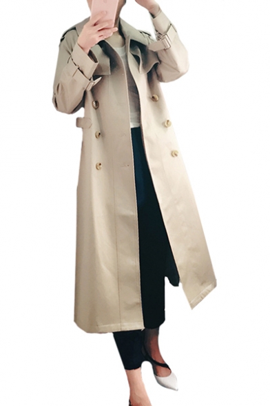 Double Breasted Plain Notched Lapel Collar Long Sleeve Plain Tunic Trench Coat
