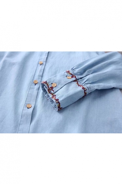 Floral Embroidered Trim Lapel Collar Long Sleeve Button Down Denim Shirt
