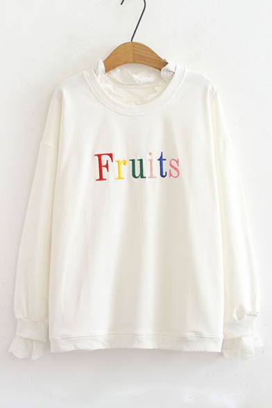 FRUITS Letter Lace Insert Trim Round Neck Long Sleeve Sweatshirt
