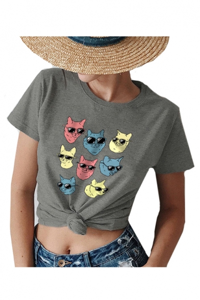 Funny Glasses Cat Printed Round Neck Short Sleeve T-Shirt