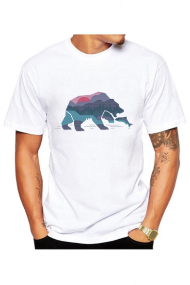 Landscape Polar Bear Fish Printed Round Neck Short Sleeve T-Shirt